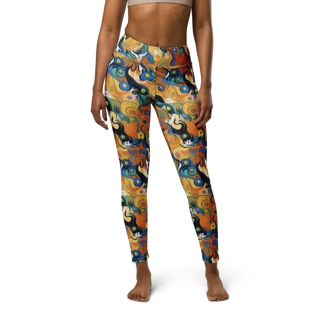 Whimsical Feline Dance on Yoga Leggings — Front