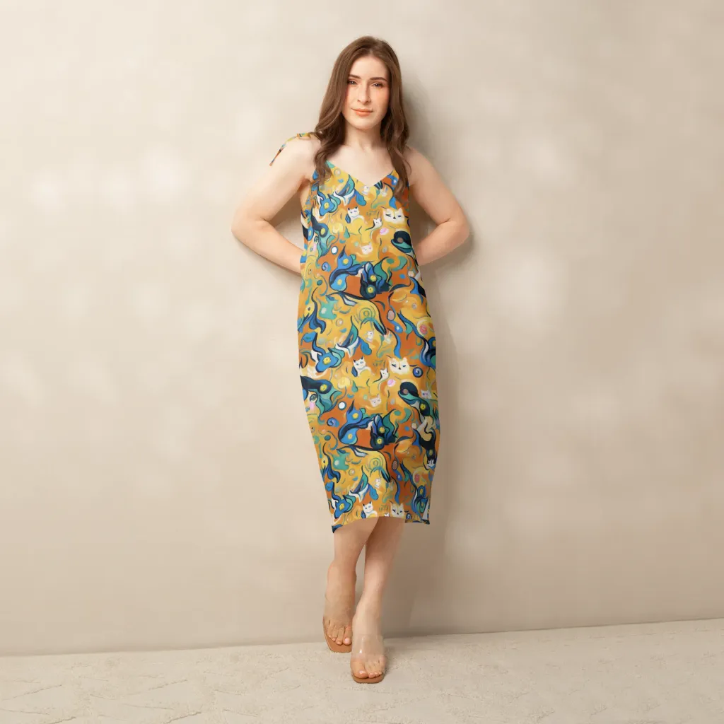 Whimsical Feline Dance on Slip Dress — Front