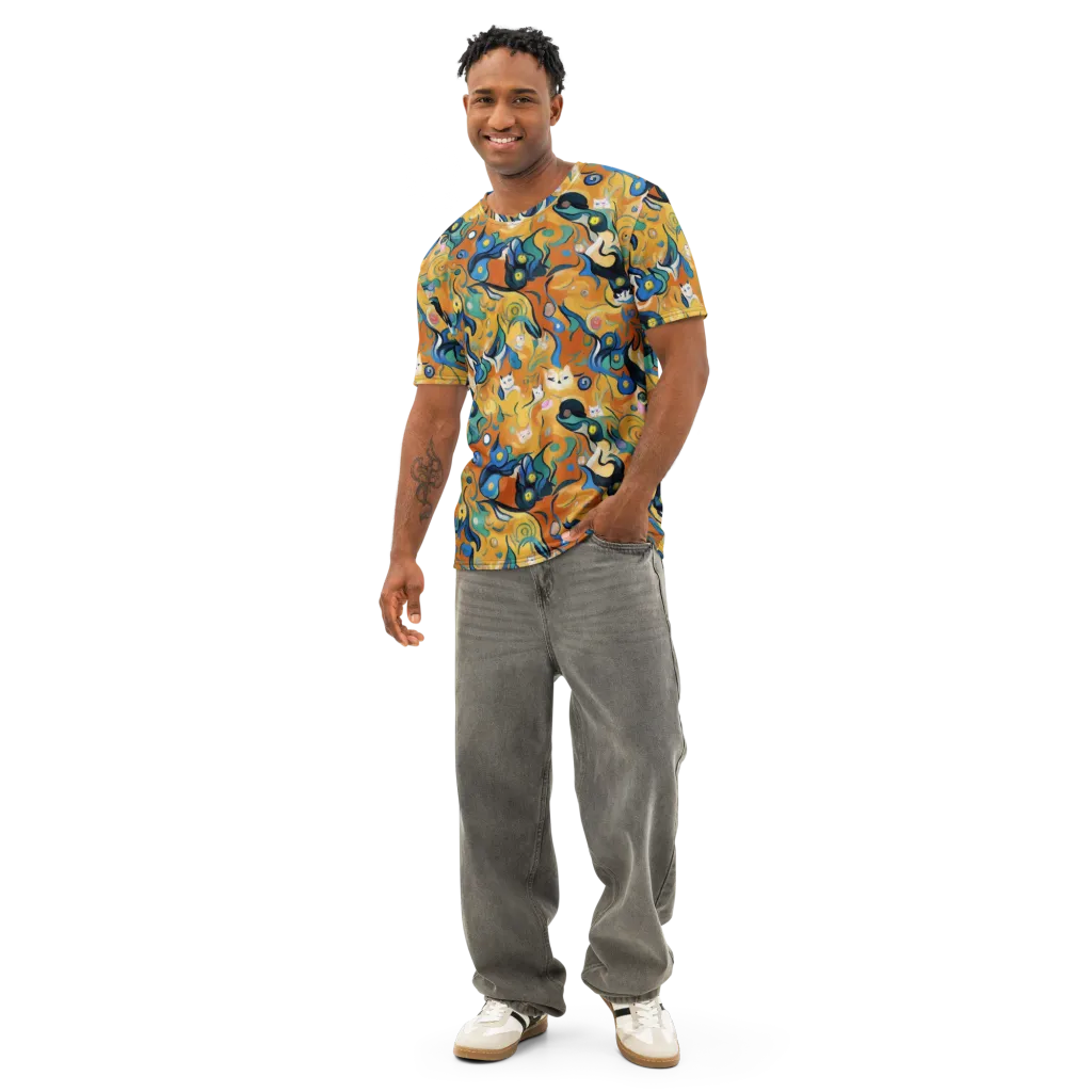 Whimsical Feline Dance on Men's Cotton Crew Neck T-Shirt — Front