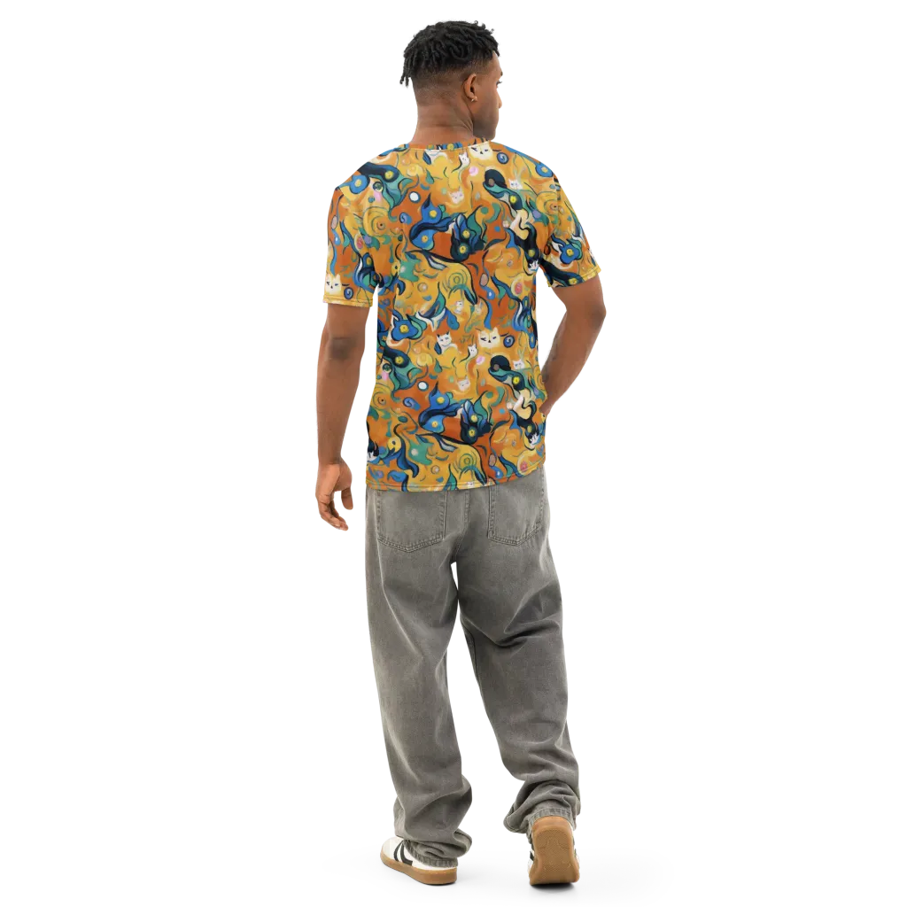 Whimsical Feline Dance on Men's Cotton Crew Neck T-Shirt — Back
