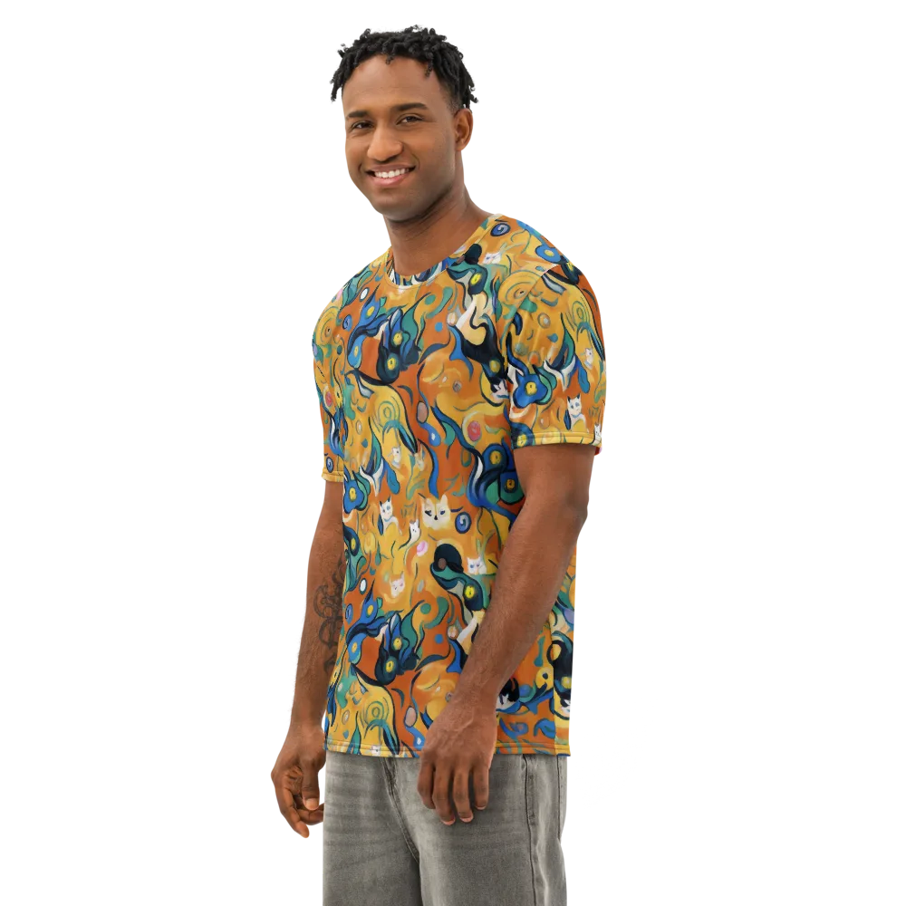 Whimsical Feline Dance on Men's Cotton Crew Neck T-Shirt — Left Front