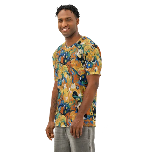 Whimsical Feline Dance on a Men's Cotton Crew Neck T-Shirt