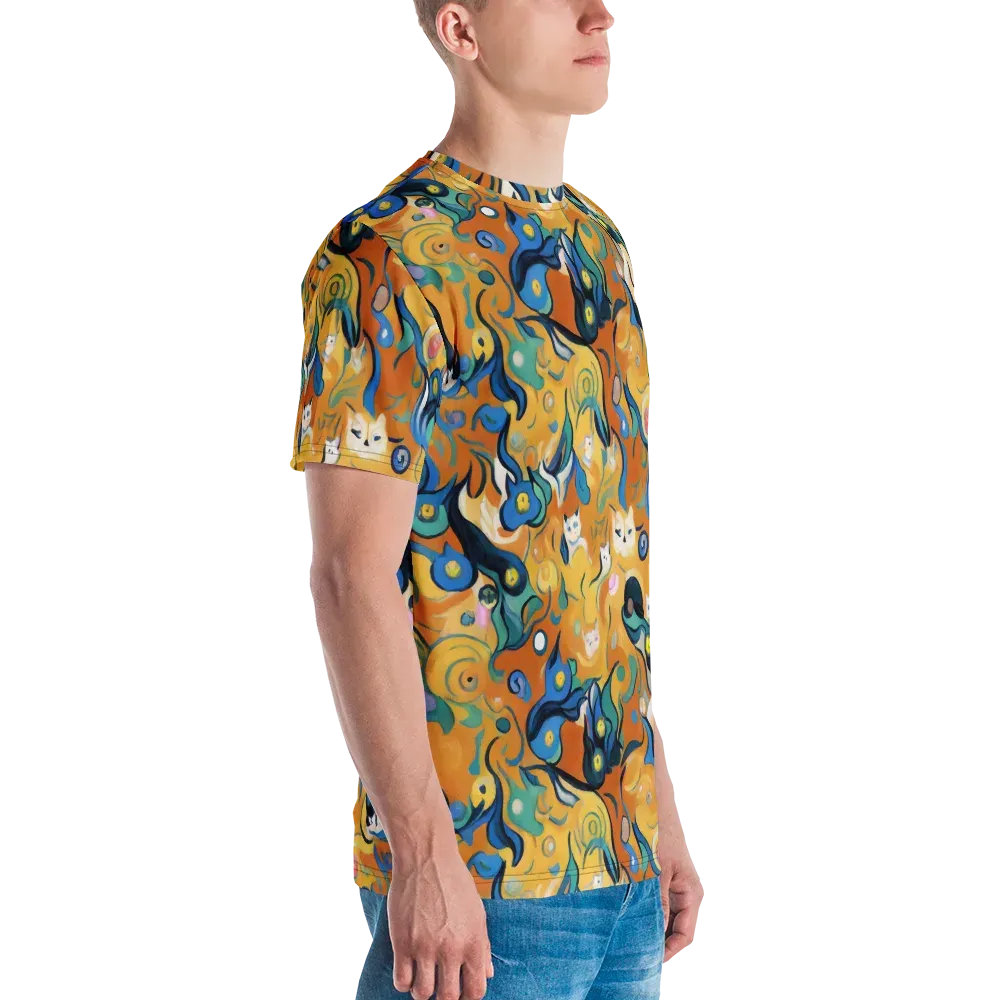 Whimsical Feline Dance on Men's Crew Neck T-Shirt — Right