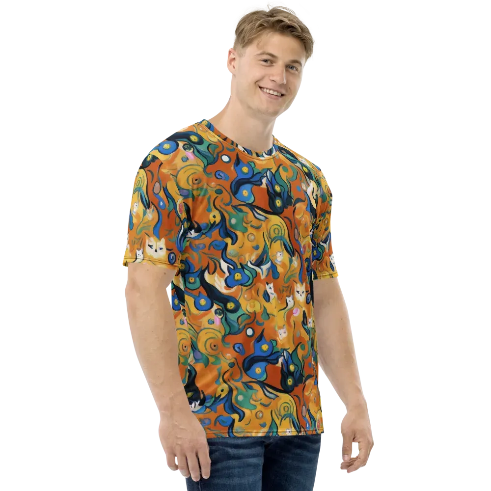 Whimsical Feline Dance on Men's Crew Neck T-Shirt — Right