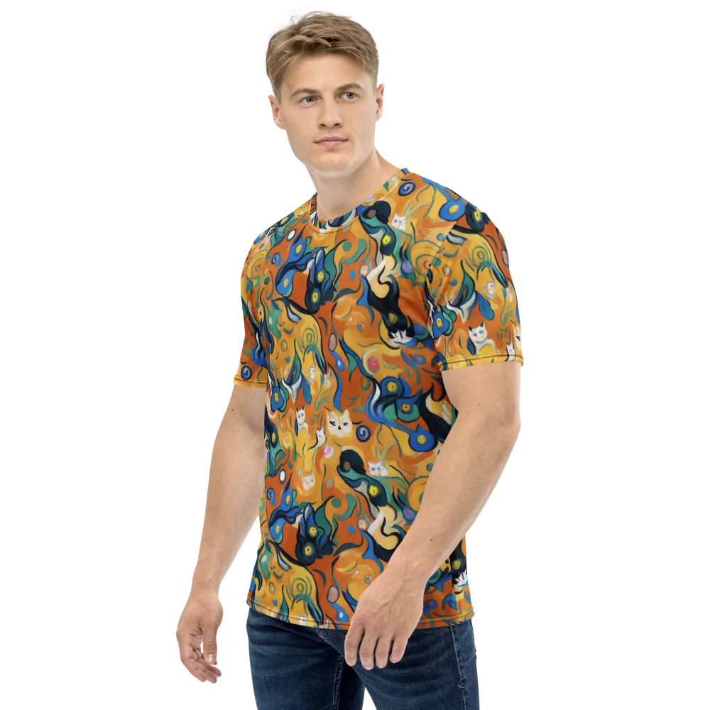 Whimsical Feline Dance on Men's Crew Neck T-Shirt — Left