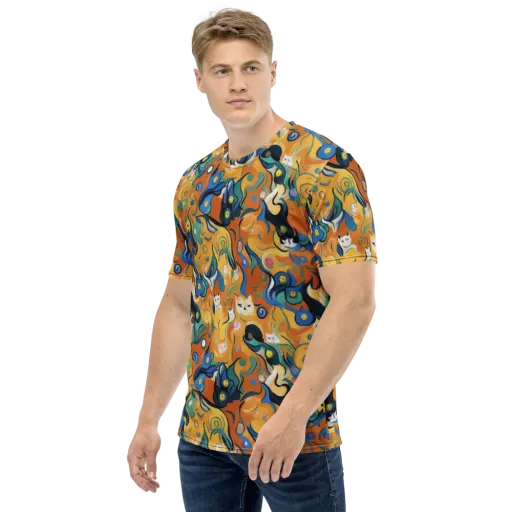 Whimsical Feline Dance on a Men's Crew Neck T-Shirt