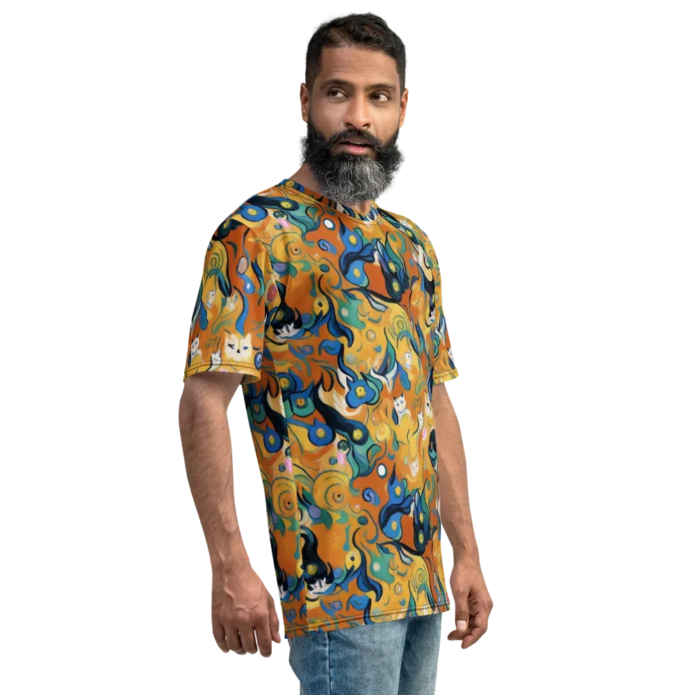 Whimsical Feline Dance on Men's Crew Neck T-Shirt — Right