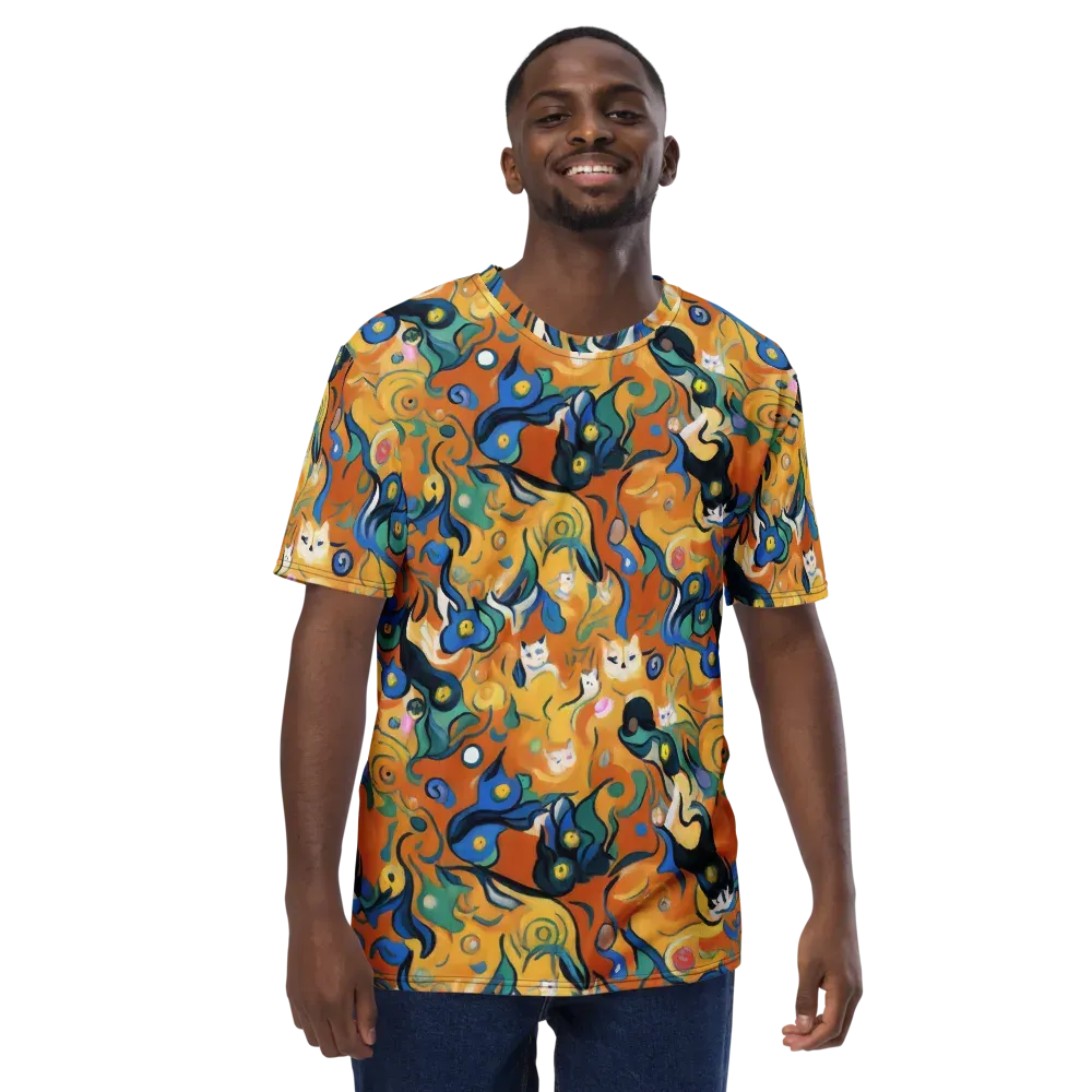 Whimsical Feline Dance on Men's Crew Neck T-Shirt — Front