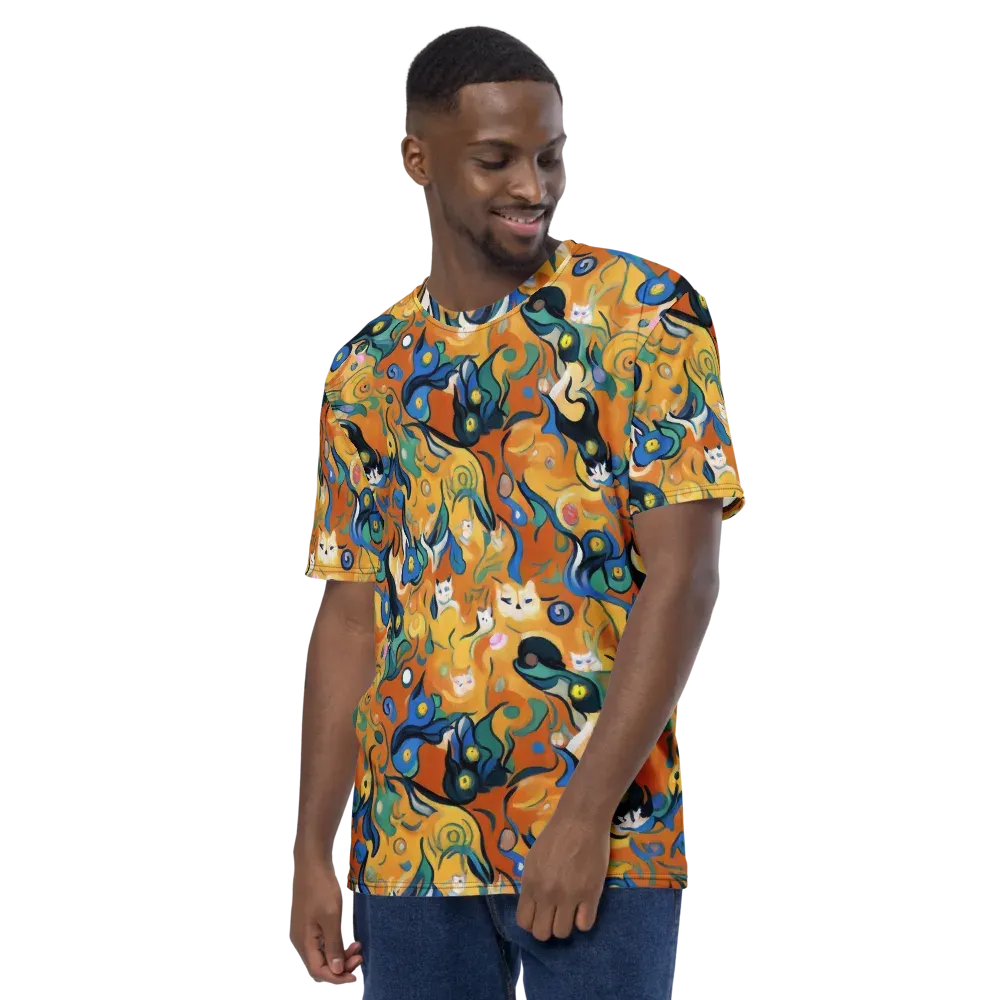 Whimsical Feline Dance on Men's Crew Neck T-Shirt — Left