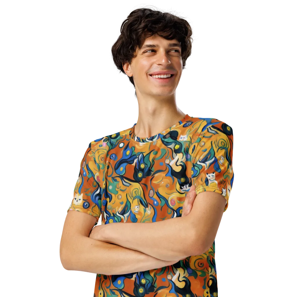 Whimsical Feline Dance on Men's Crew Neck T-Shirt — Left Front