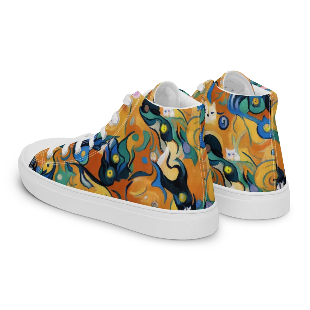 Whimsical Feline Dance on Men's High Top Canvas Shoes — Left Back