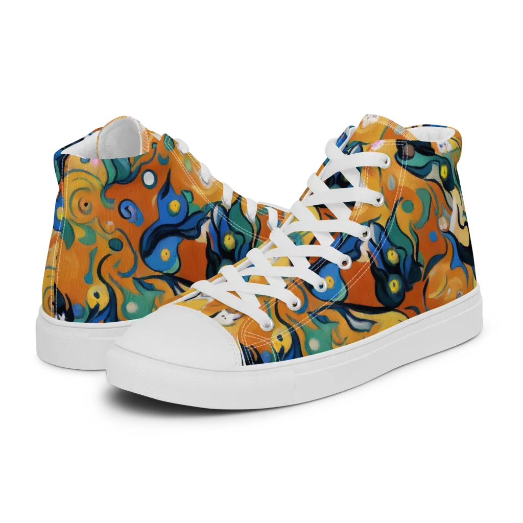 Whimsical Feline Dance on Men's High Top Canvas Shoes — Left