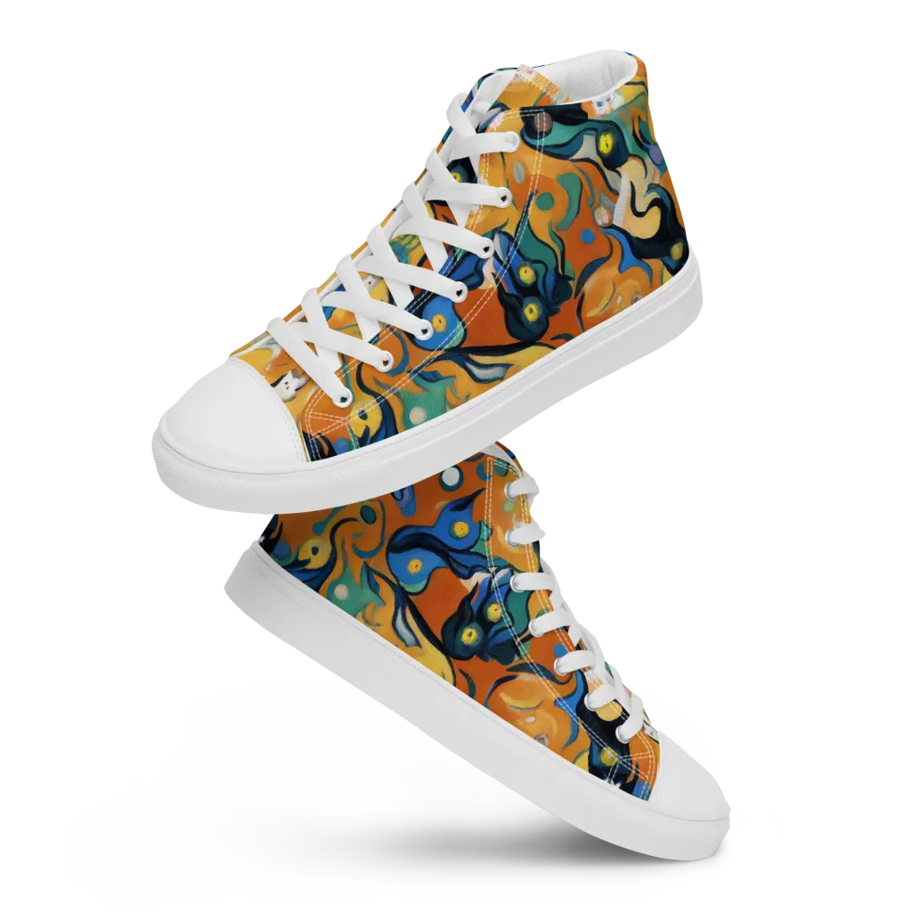 Whimsical Feline Dance on Men's High Top Canvas Shoes — Front