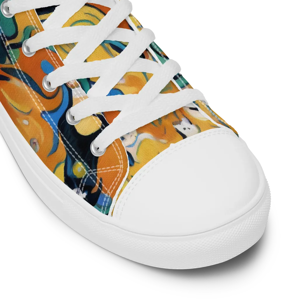Whimsical Feline Dance on Men's High Top Canvas Shoes — Product details