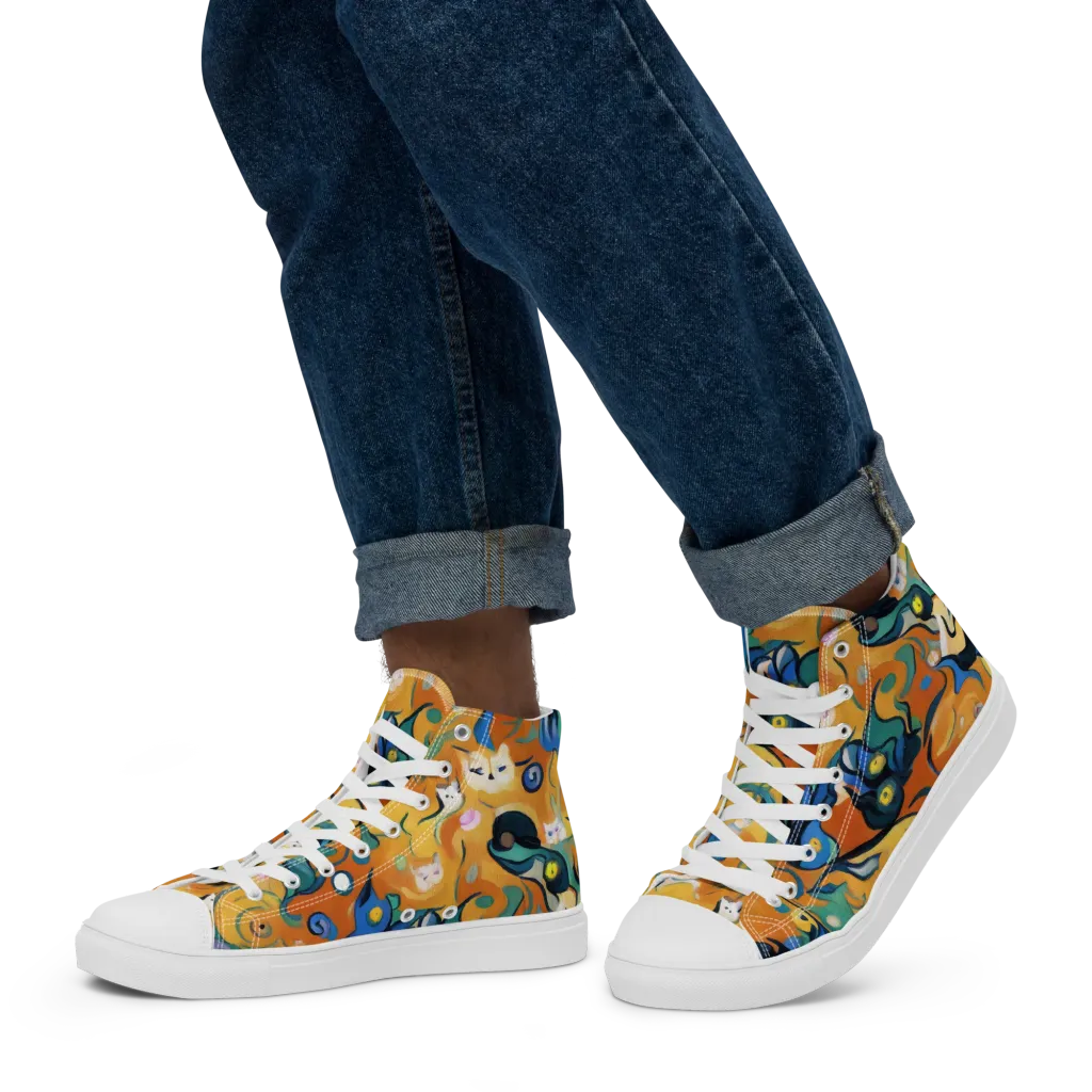 Whimsical Feline Dance on Men's High Top Canvas Shoes — Left