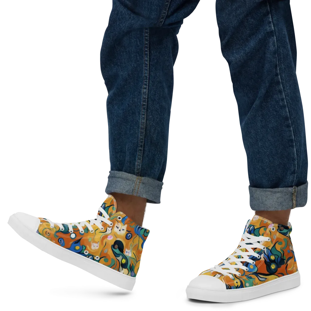 Whimsical Feline Dance on Men's High Top Canvas Shoes — Left