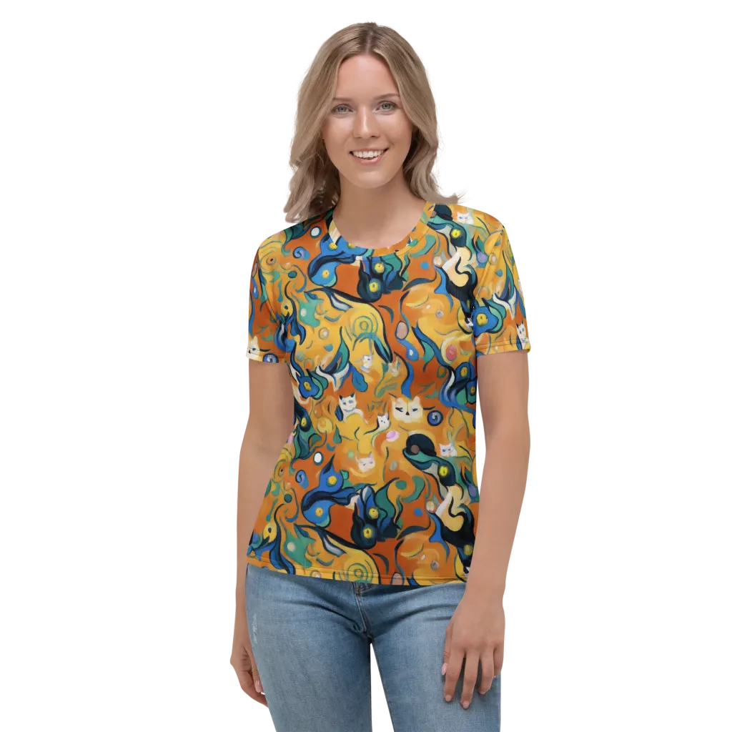 Whimsical Feline Dance on Women's Crew Neck T-Shirt — Front