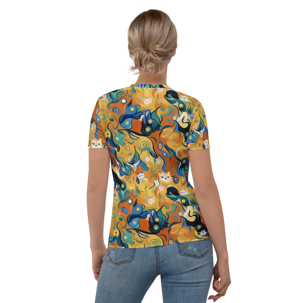 Whimsical Feline Dance on Women's Crew Neck T-Shirt — Back