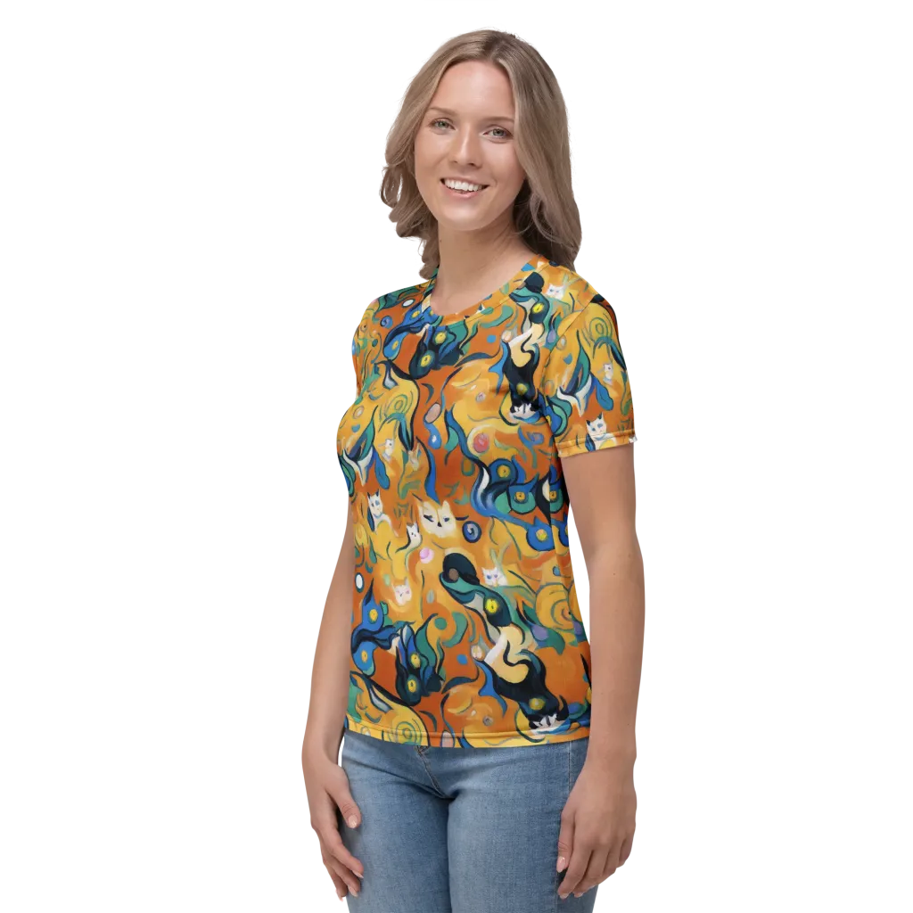 Whimsical Feline Dance on Women's Crew Neck T-Shirt — Left