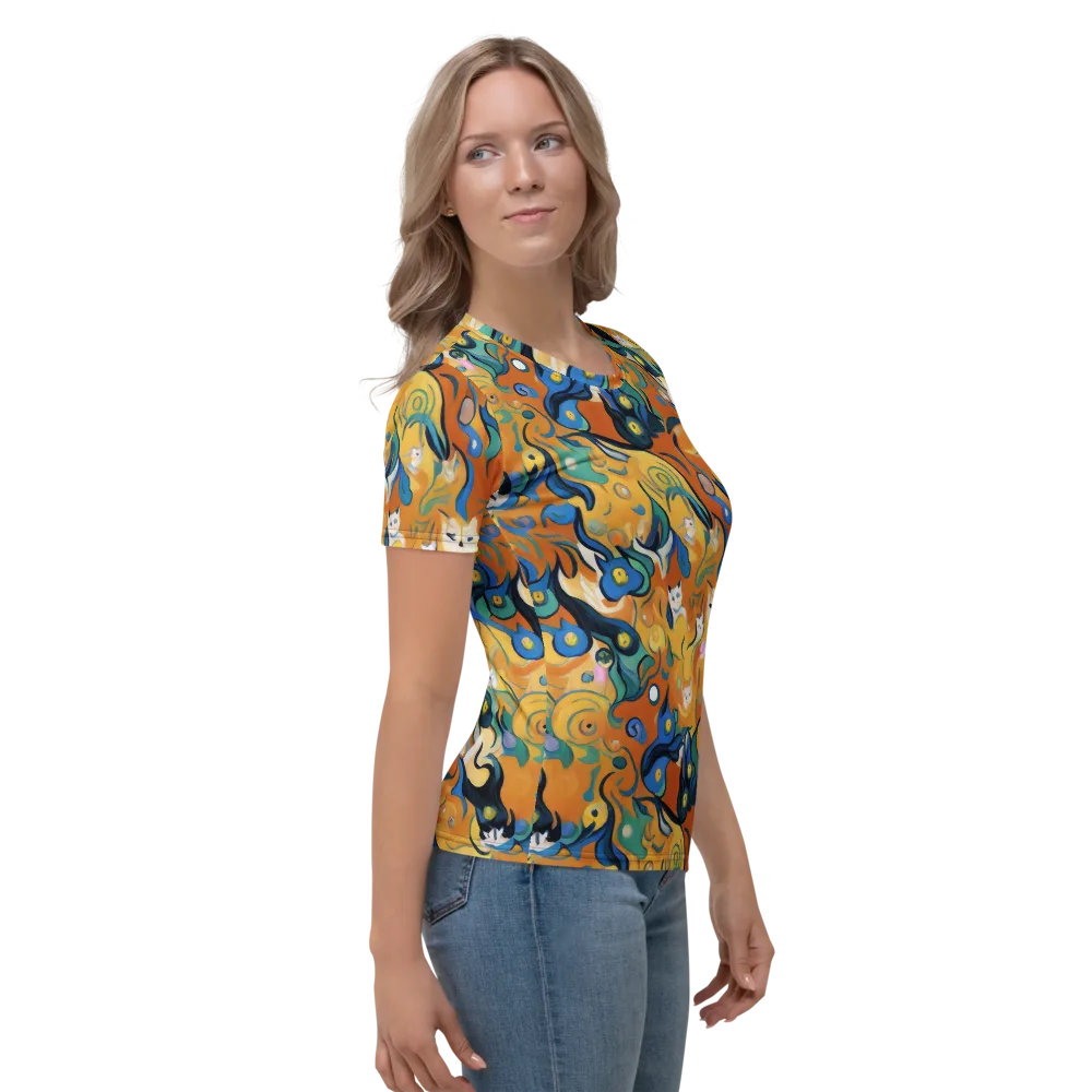 Whimsical Feline Dance on Women's Crew Neck T-Shirt — Right