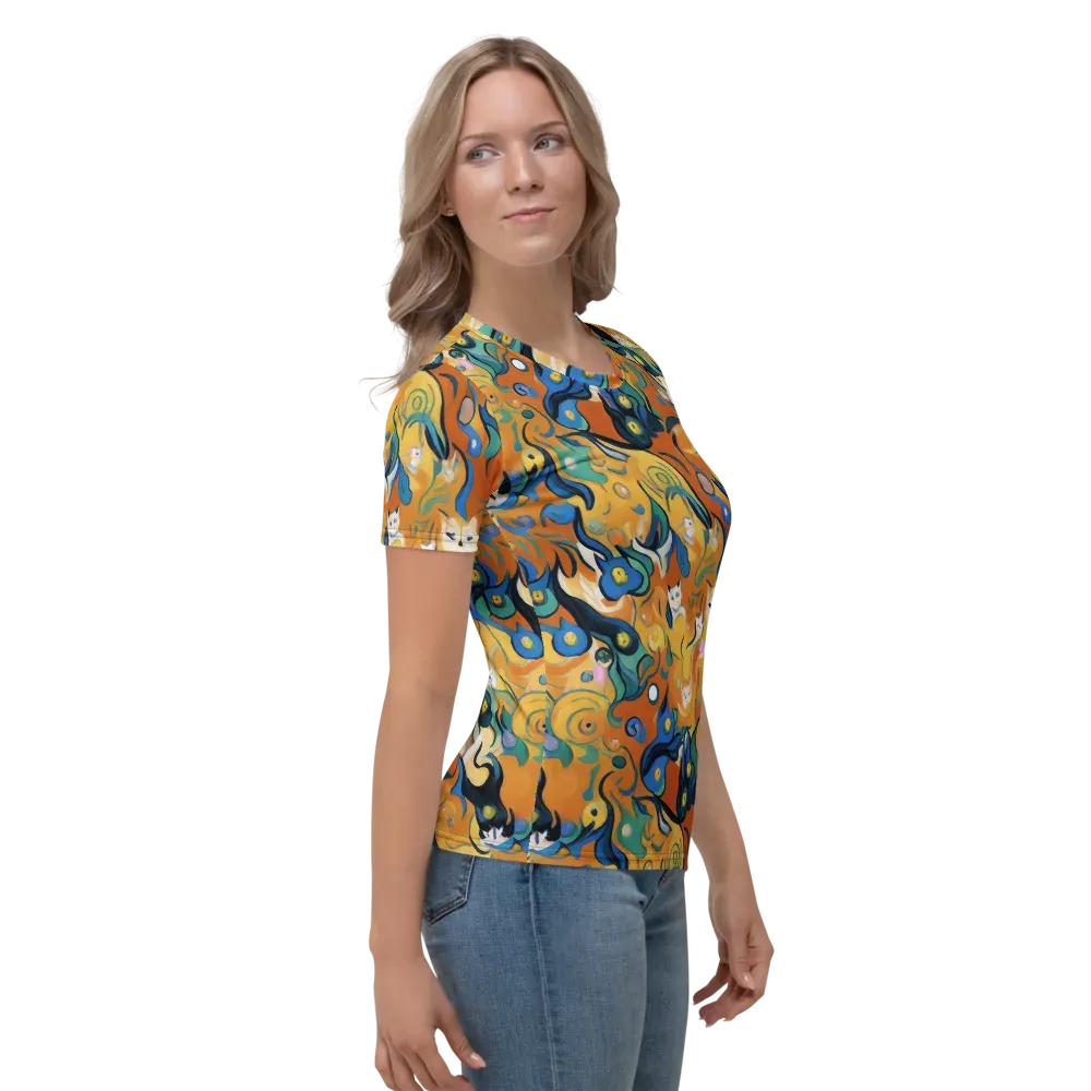 Whimsical Feline Dance on Women's Crew Neck T-Shirt — Right