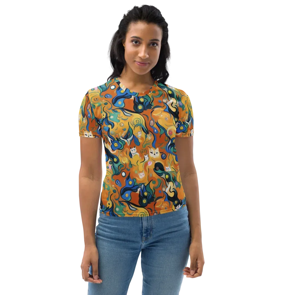 Whimsical Feline Dance on Women's Crew Neck T-Shirt — Front