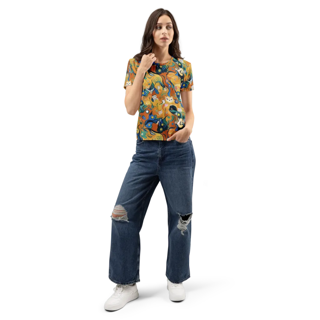 Whimsical Feline Dance on Women's Crew Neck T-Shirt — Front