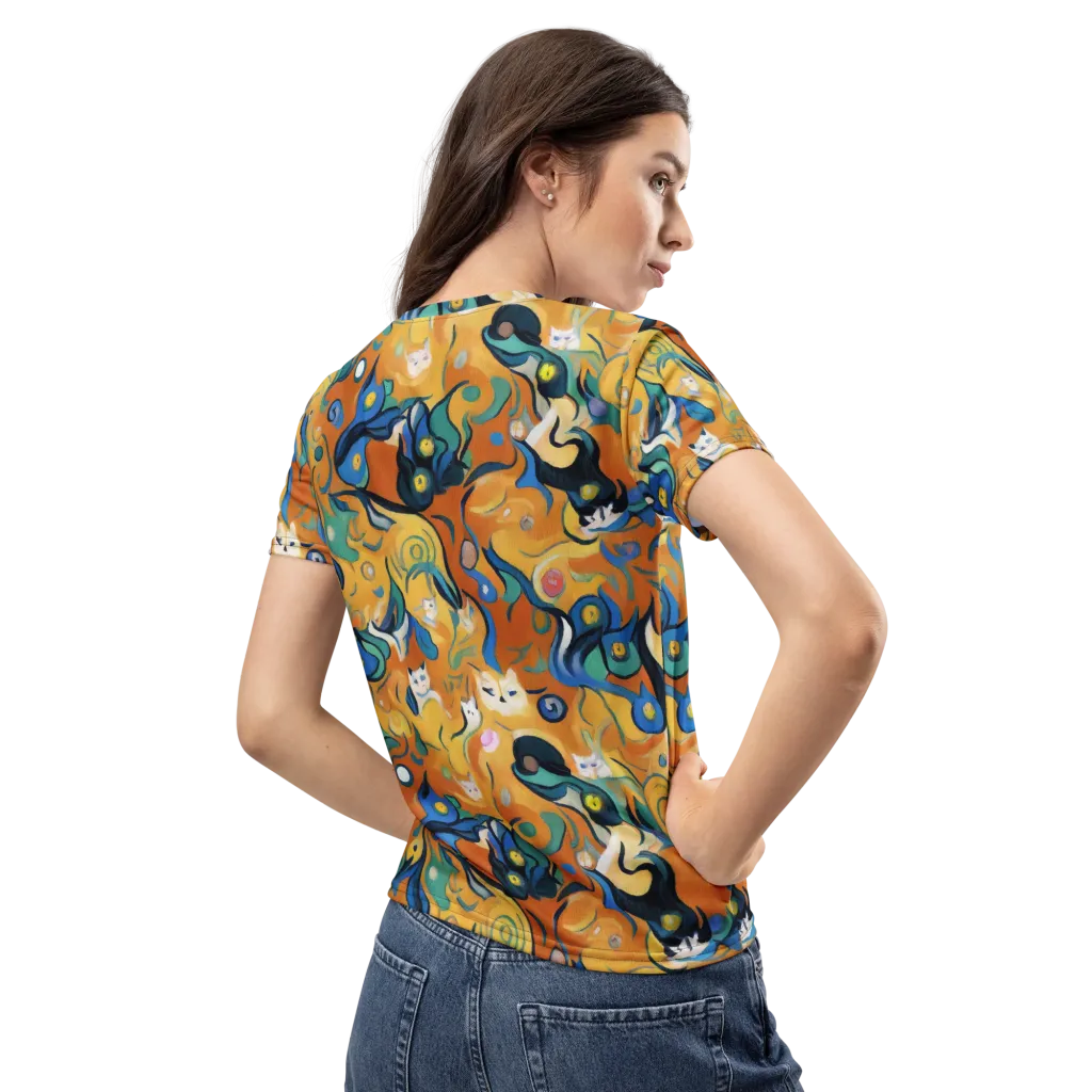 Whimsical Feline Dance on Women's Crew Neck T-Shirt — Back