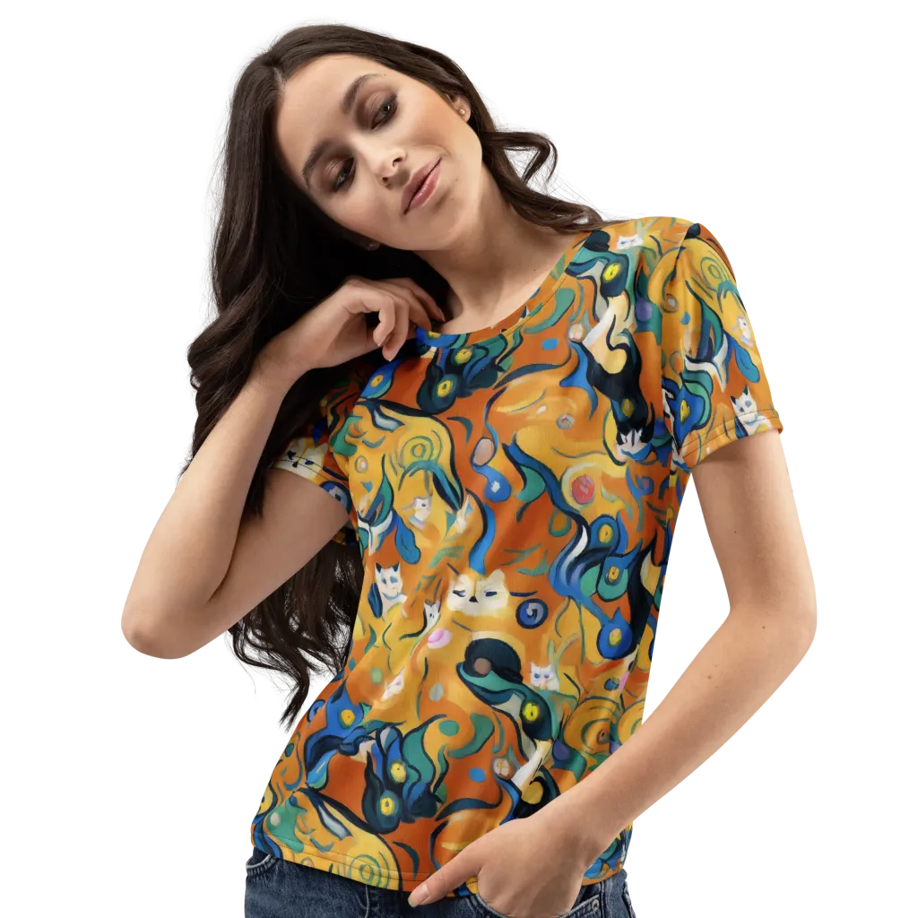Whimsical Feline Dance on Women's Crew Neck T-Shirt — Left Front