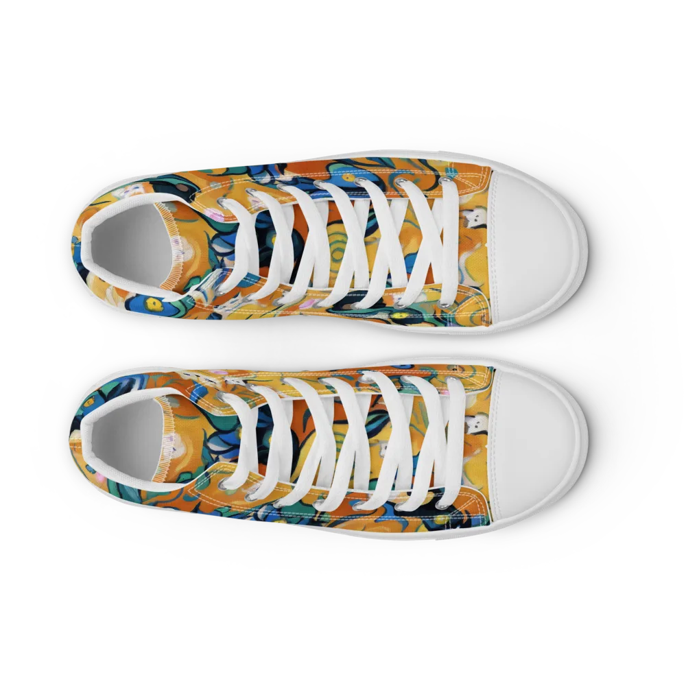 Whimsical Feline Dance on Women's High Top Canvas Shoes — Front