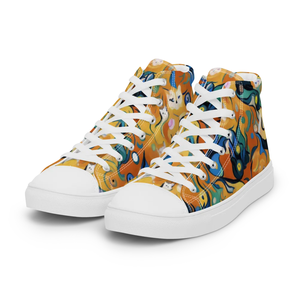 Whimsical Feline Dance on Women's High Top Canvas Shoes — Left Front