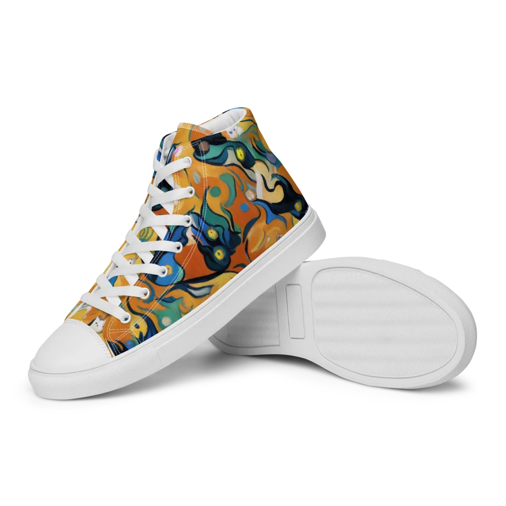 Whimsical Feline Dance on Women's High Top Canvas Shoes — Left
