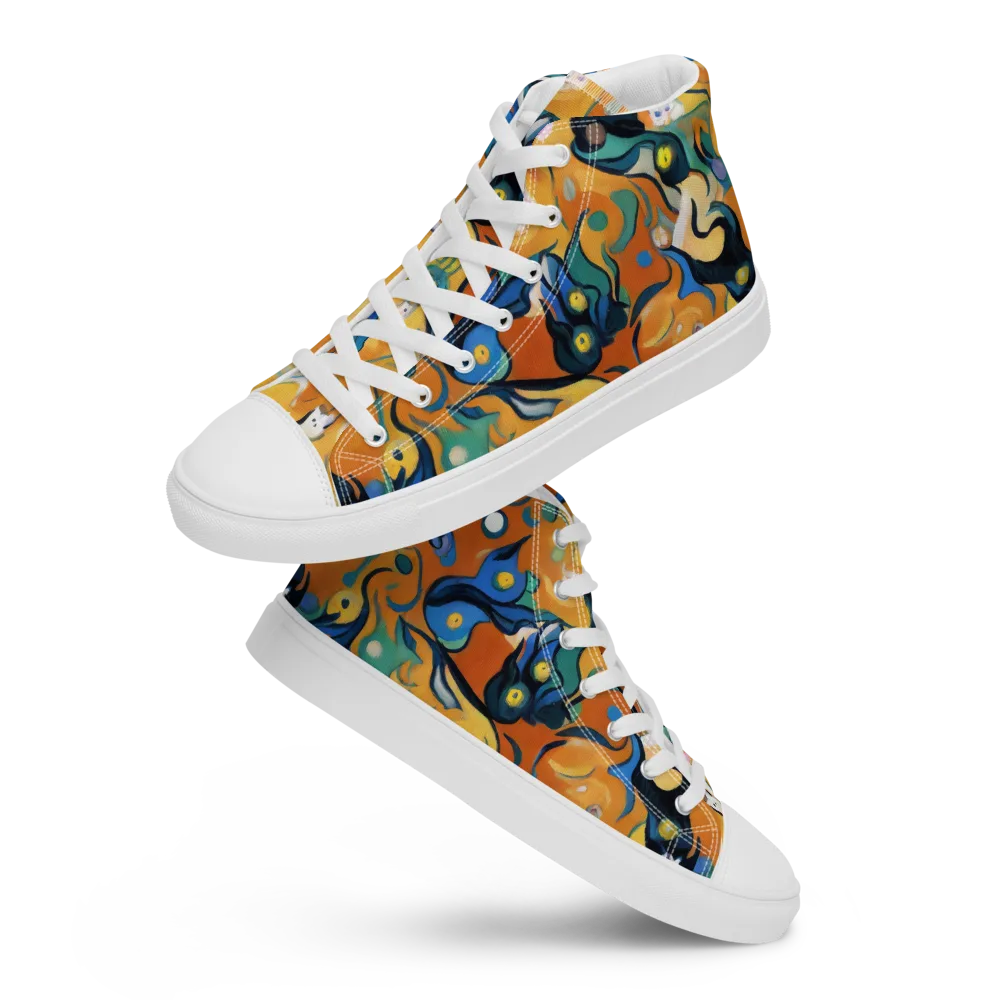 Whimsical Feline Dance on Women's High Top Canvas Shoes — Front