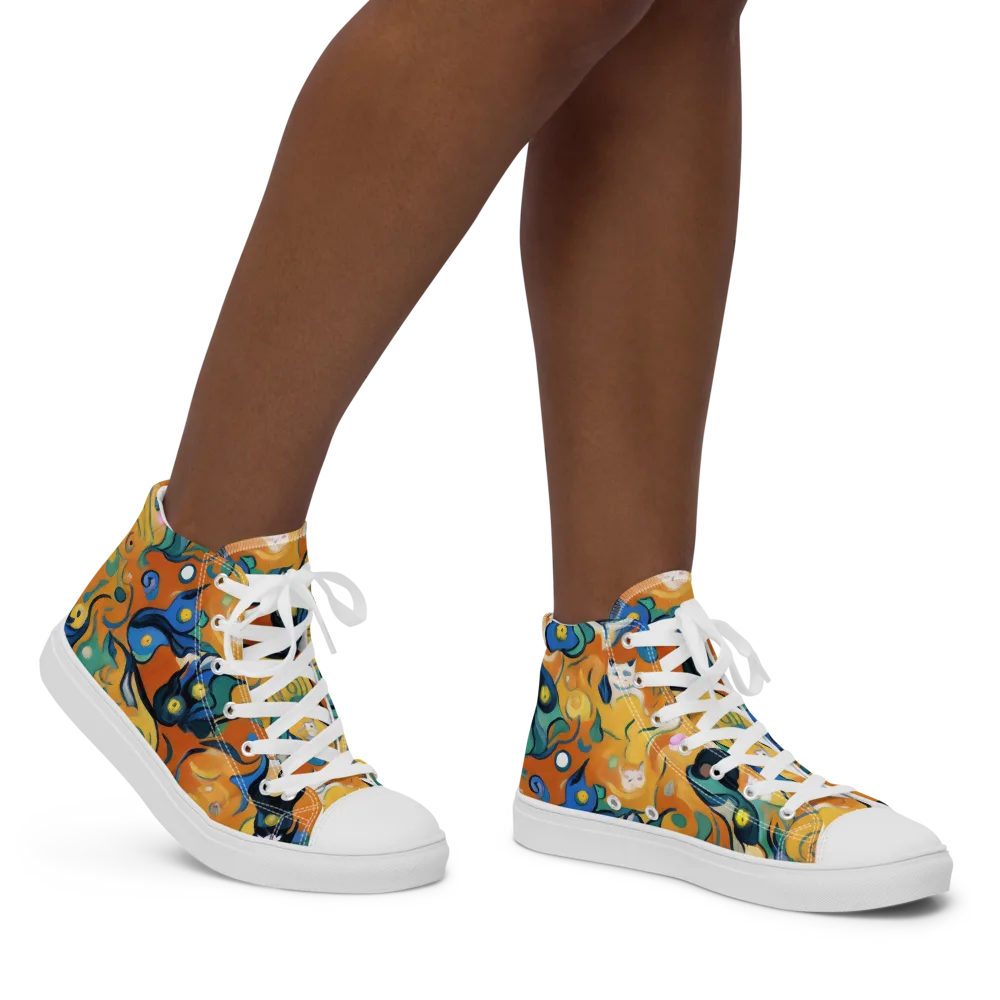 Whimsical Feline Dance on Women's High Top Canvas Shoes — Right