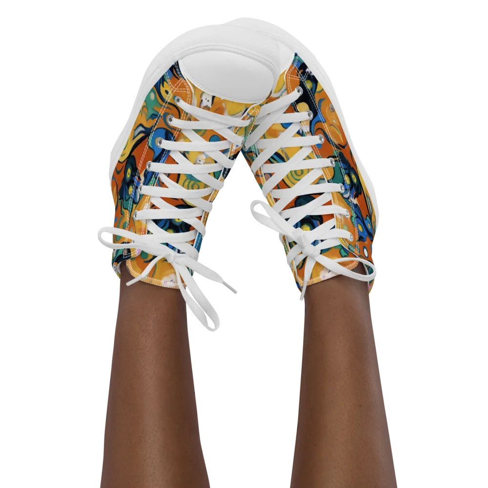 Whimsical Feline Dance on Women's High Top Canvas Shoes — Front