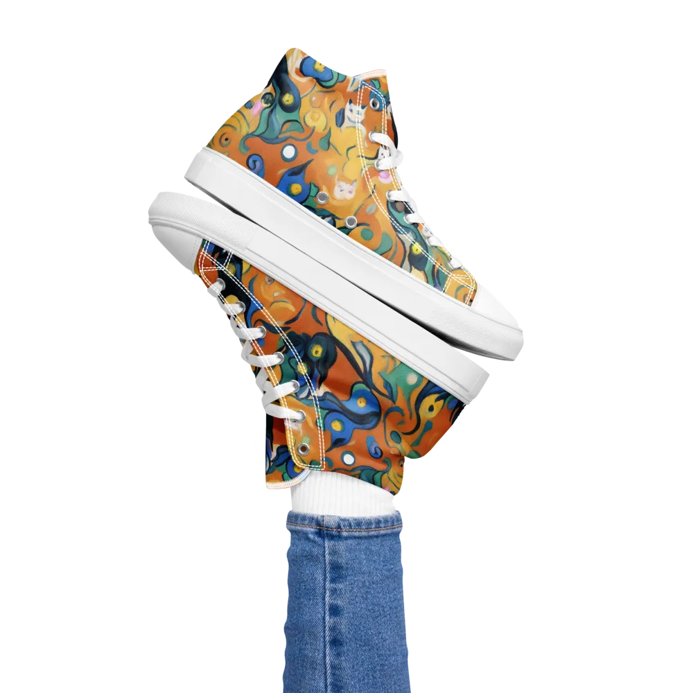 Whimsical Feline Dance on Women's High Top Canvas Shoes — Left