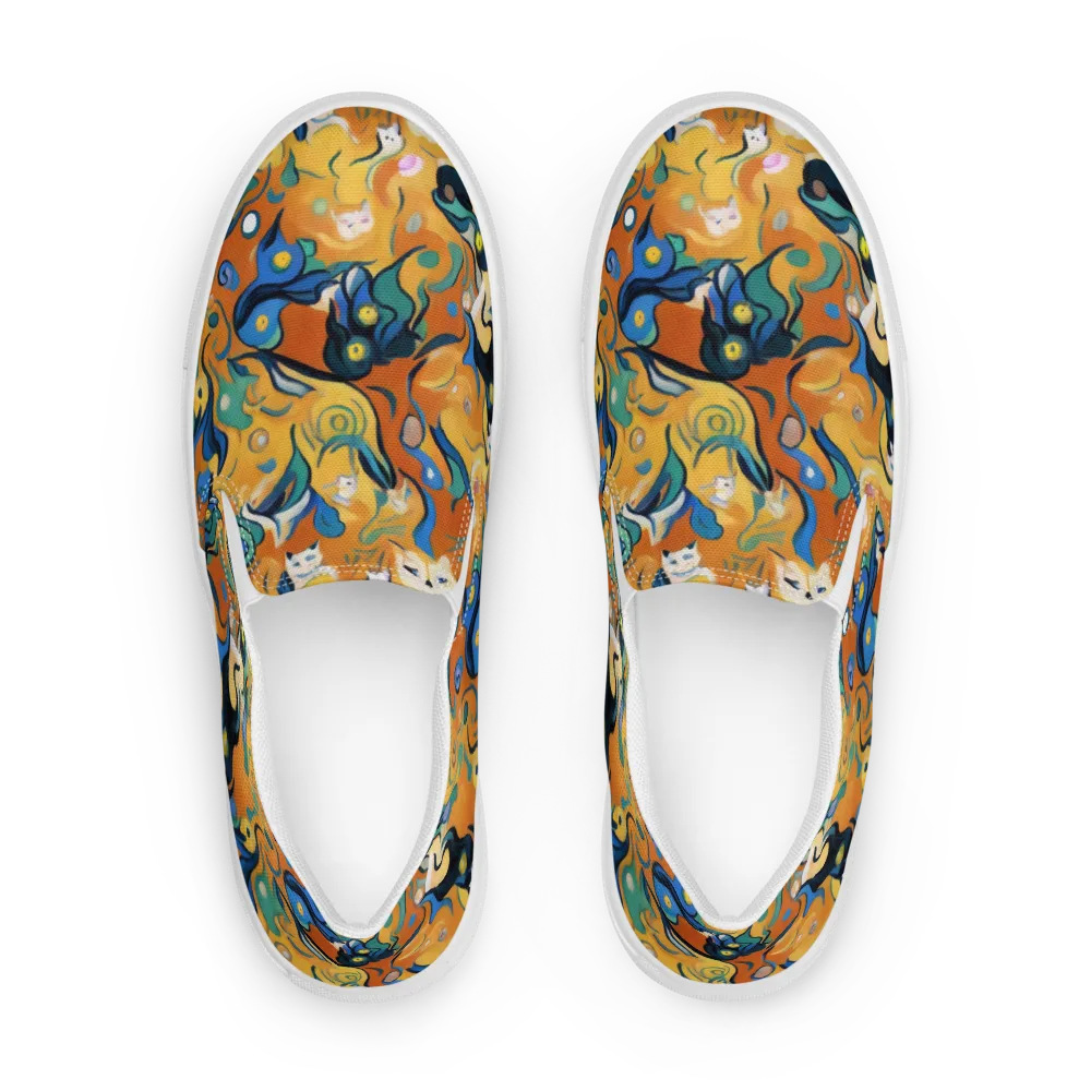 Whimsical Feline Dance on Men's Slip-On Canvas Shoes — Front