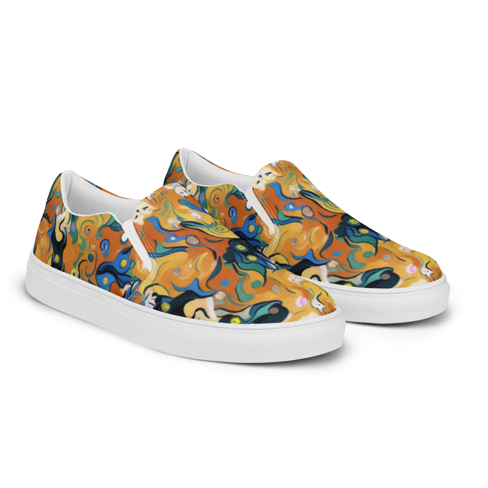 Whimsical Feline Dance on Men's Slip-On Canvas Shoes — Right Front