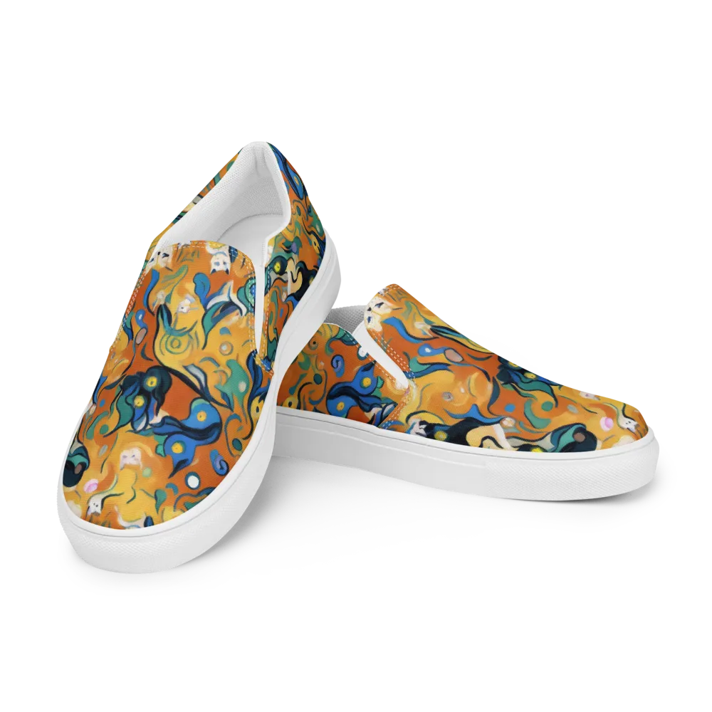 Whimsical Feline Dance on Men's Slip-On Canvas Shoes — Left Front