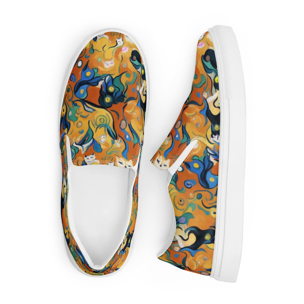 Whimsical Feline Dance on Men's Slip-On Canvas Shoes — Front