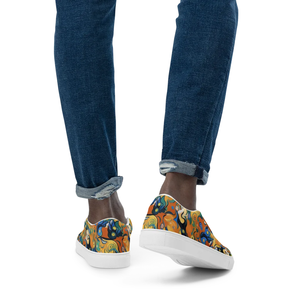 Whimsical Feline Dance on Men's Slip-On Canvas Shoes — Back
