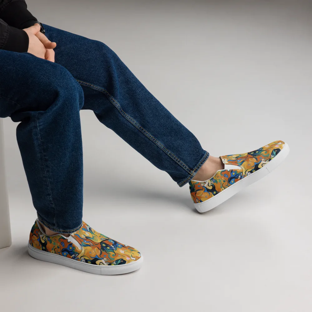 Whimsical Feline Dance on Men's Slip-On Canvas Shoes — Right