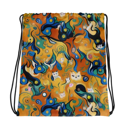 Whimsical Feline Dance on a Drawstring Bag