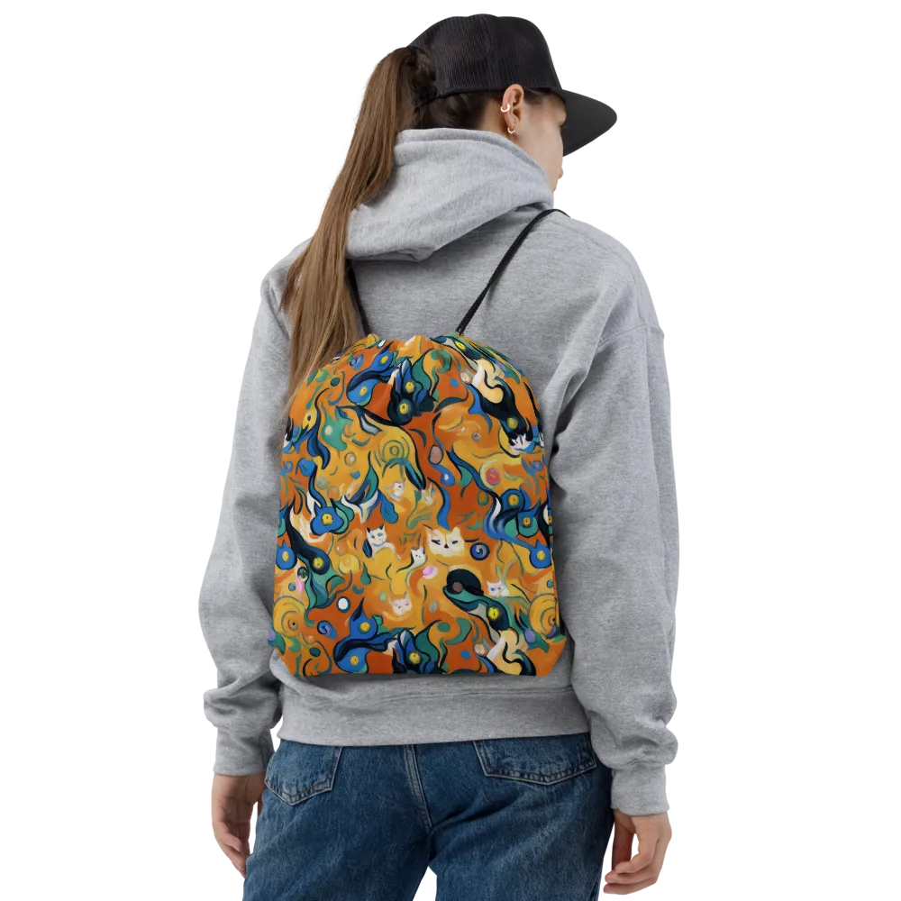 Whimsical Feline Dance on Drawstring Bag — Front