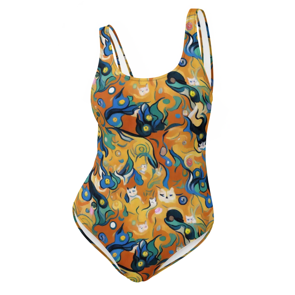 Whimsical Feline Dance on One-Piece Swimsuit — Front