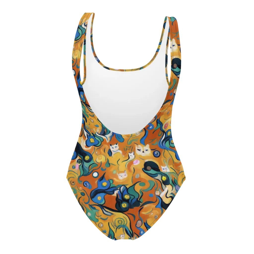 Whimsical Feline Dance on One-Piece Swimsuit — Back