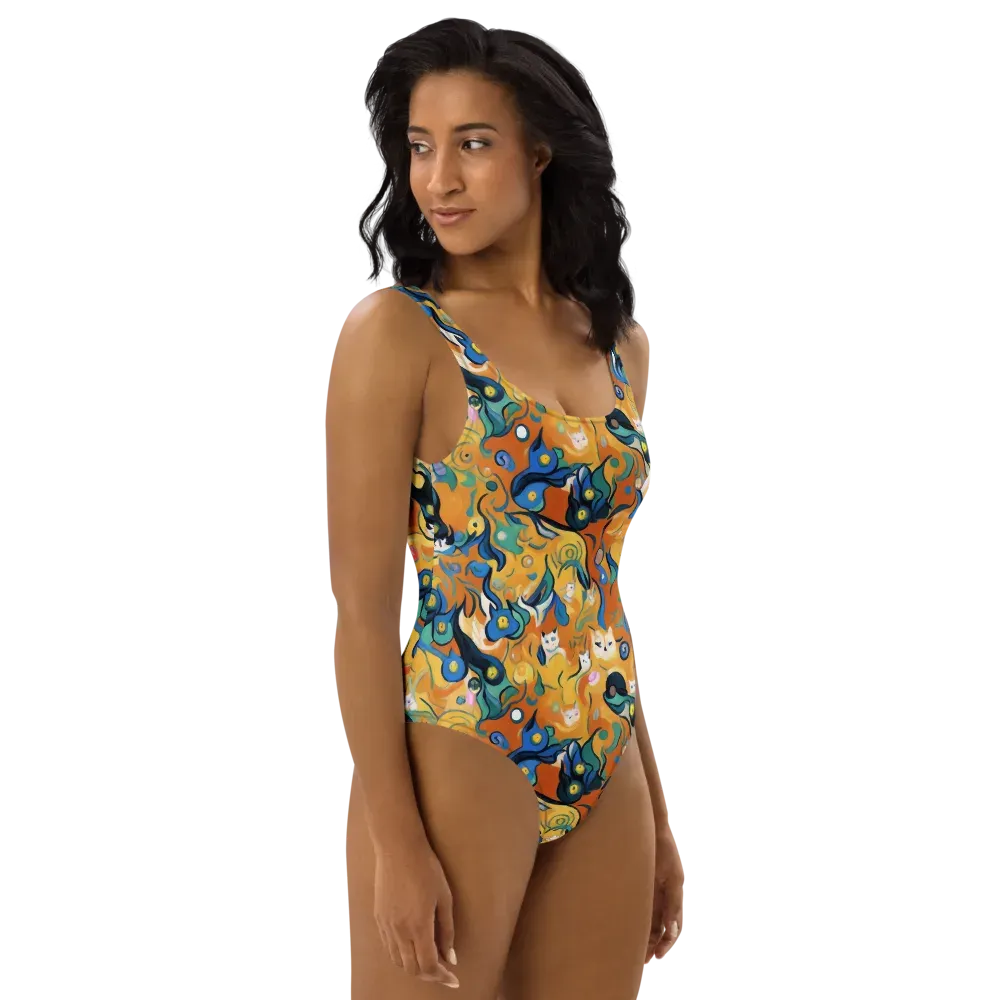 Whimsical Feline Dance on One-Piece Swimsuit — Right
