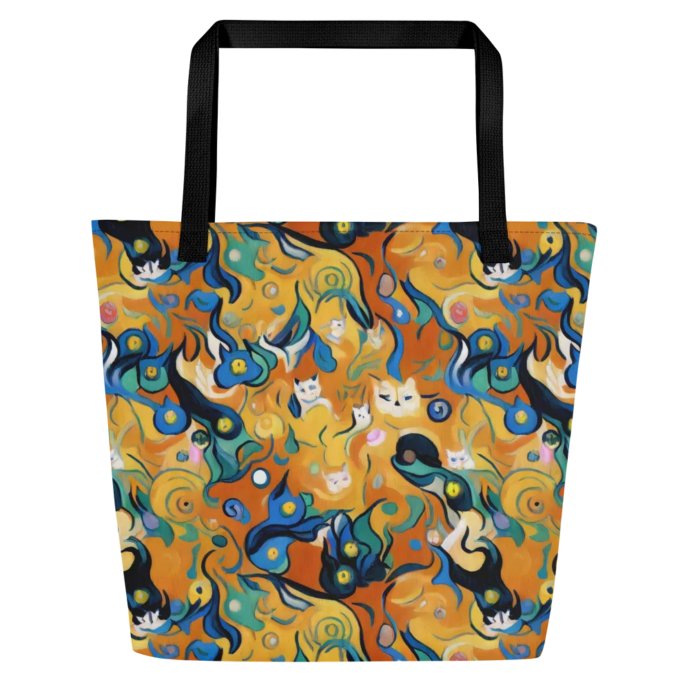Whimsical Feline Dance on Large Tote Bag W/ Pocket — Front
