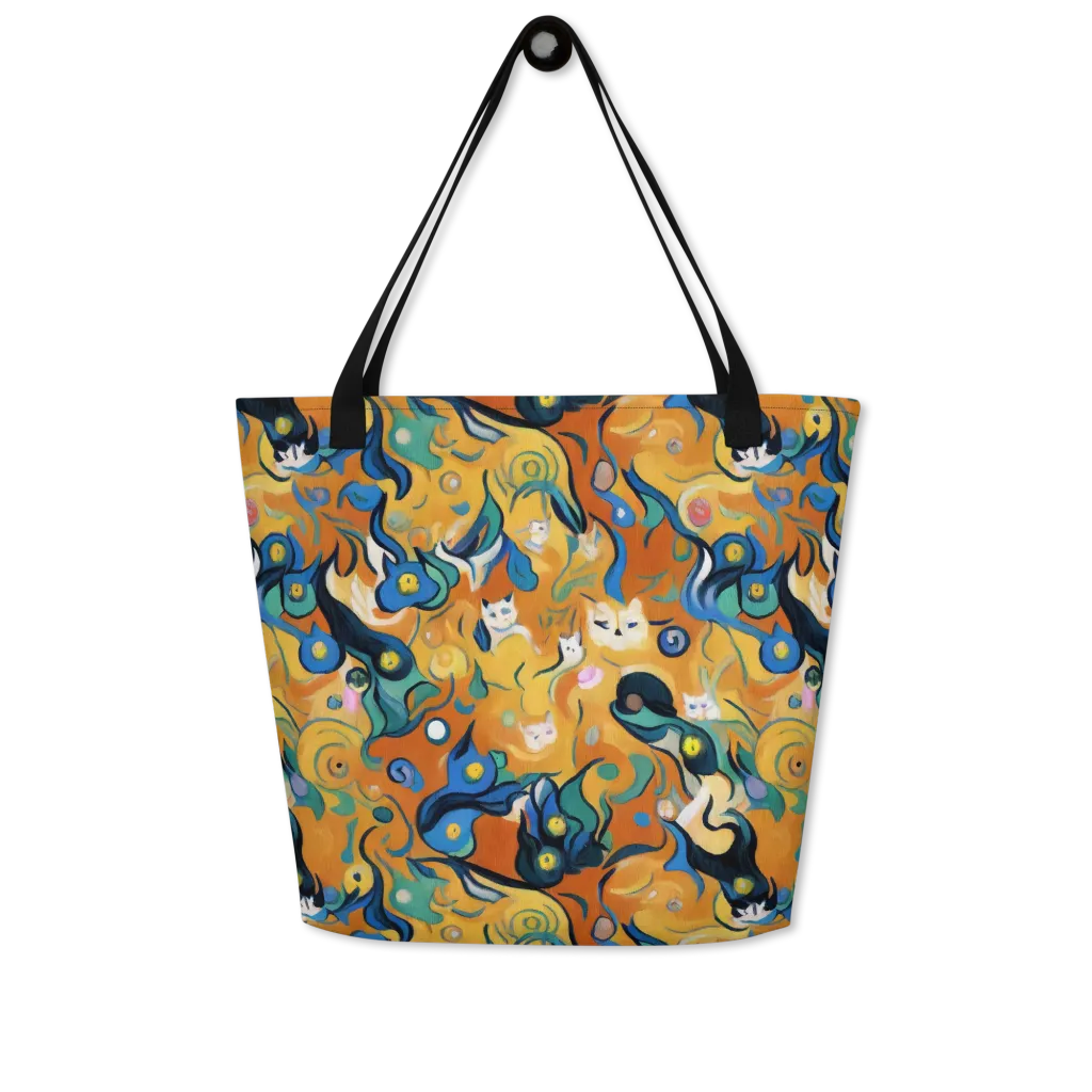 Whimsical Feline Dance on Large Tote Bag W/ Pocket — Front