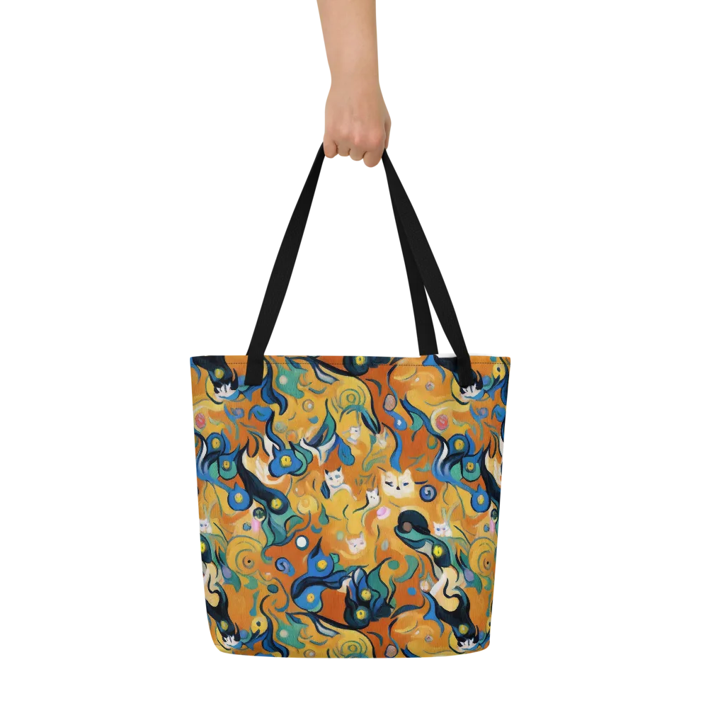 Whimsical Feline Dance on Large Tote Bag W/ Pocket — Front